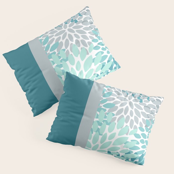 Festive, Floral, Color Block, Teal, Turquoise, Gray Pillow Sham Gallery Image 3
