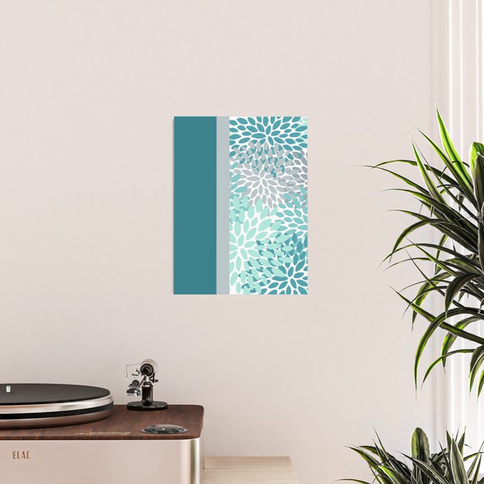 Festive, Floral, Color Block, Teal, Turquoise, Gray Poster Gallery Image 2