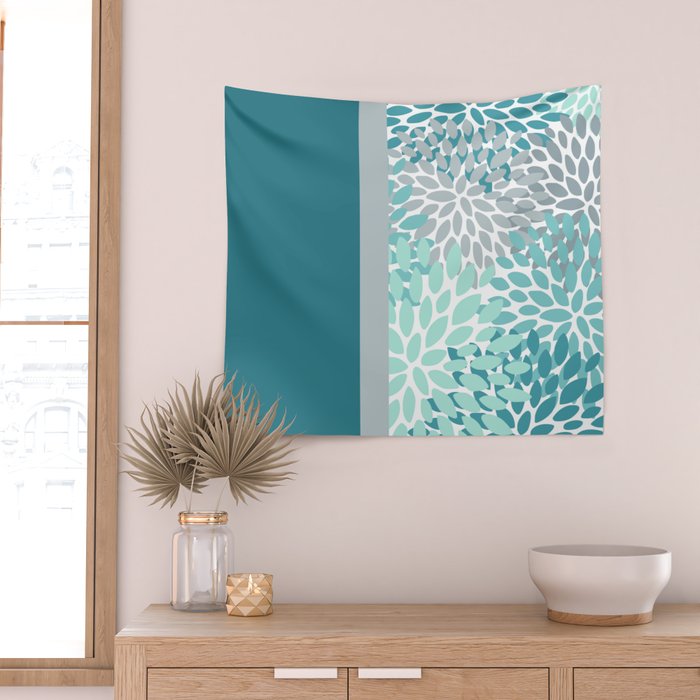 Festive, Floral, Color Block, Teal, Turquoise, Gray Wall Tapestry Gallery Image 2
