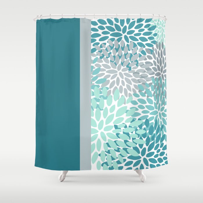 Festive, Floral, Color Block, Teal, Turquoise, Gray Shower Curtain Gallery Image 1