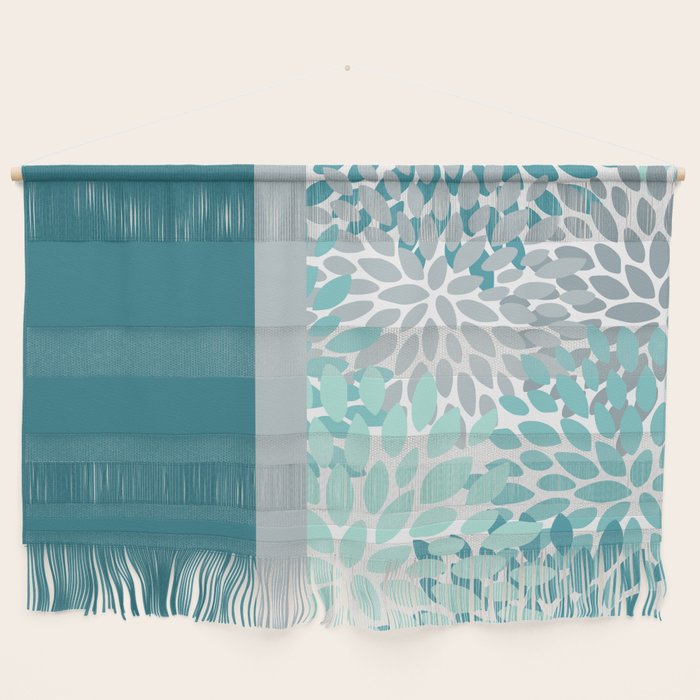 Festive, Floral, Color Block, Teal, Turquoise, Gray Wall Hanging Gallery Image 1