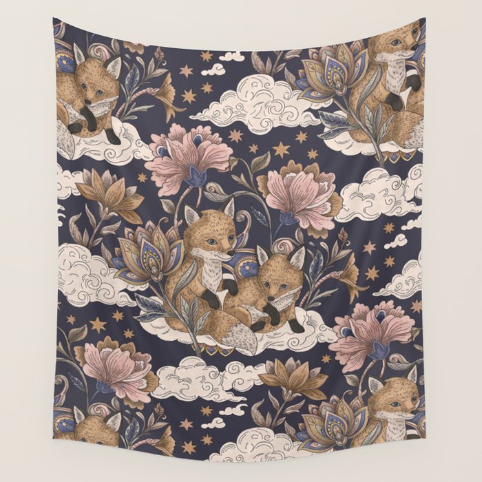 Fox Cubs in Moonlit Garden Wall Tapestry Gallery Image 4