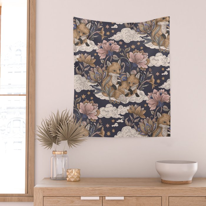 Fox Cubs in Moonlit Garden Wall Tapestry Gallery Image 2