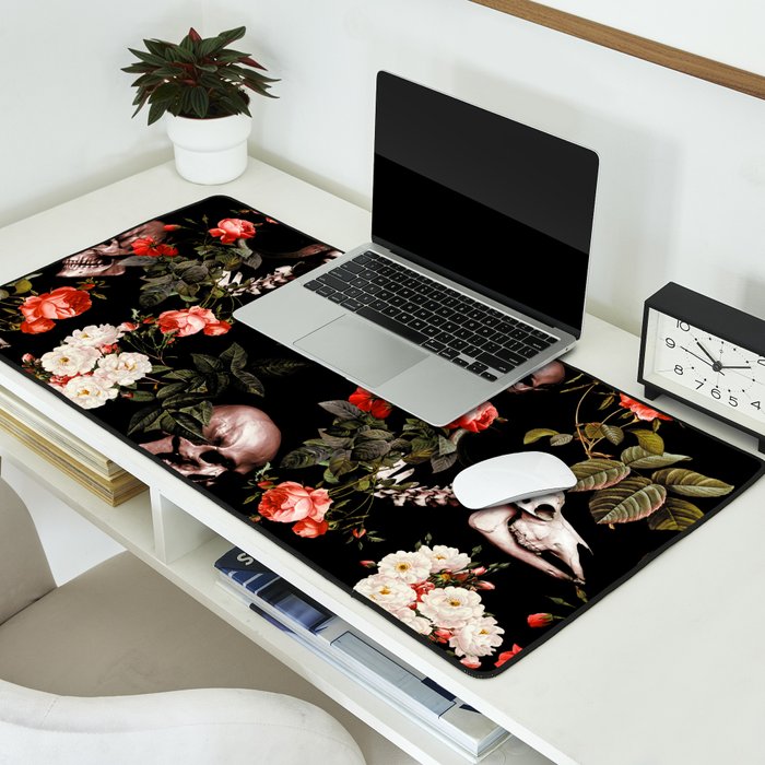 Floral and Skull Dark Pattern Desk Mat Gallery Image 2