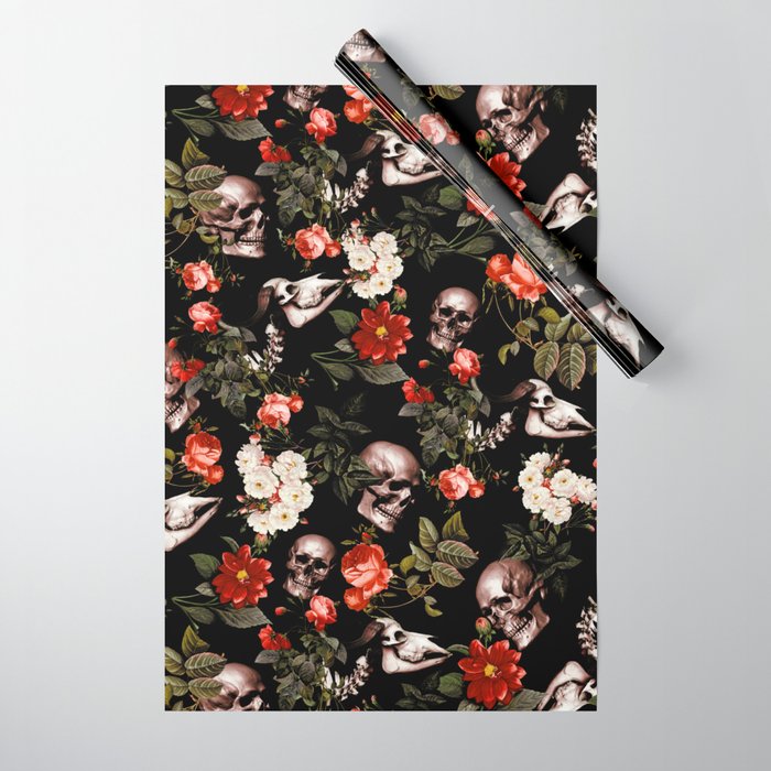 Floral and Skull Dark Pattern Wrapping Paper Gallery Image 1