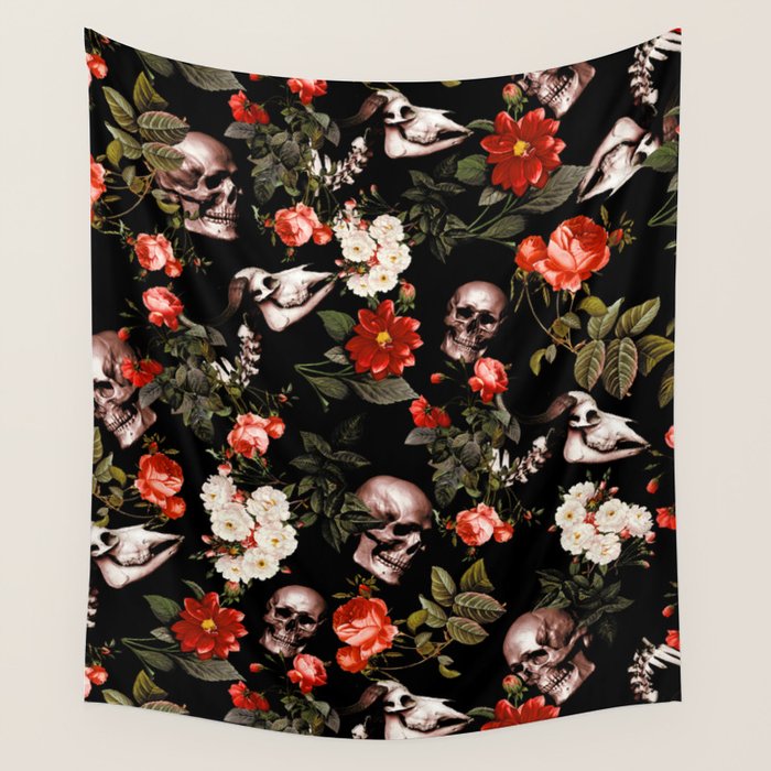 Floral and Skull Dark Pattern Wall Tapestry Gallery Image 4