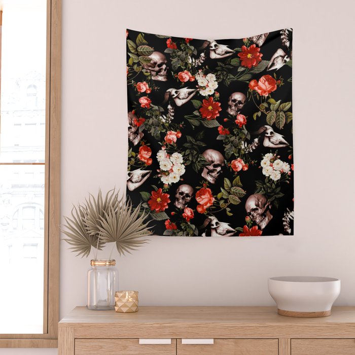 Floral and Skull Dark Pattern Wall Tapestry Gallery Image 2