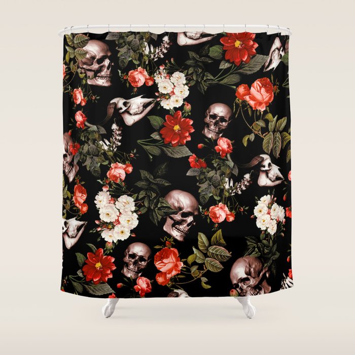 Floral and Skull Dark Pattern Shower Curtain Gallery Image 1