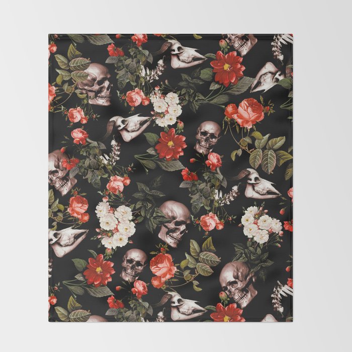 Floral and Skull Dark Pattern Throw Blanket Gallery Image 2