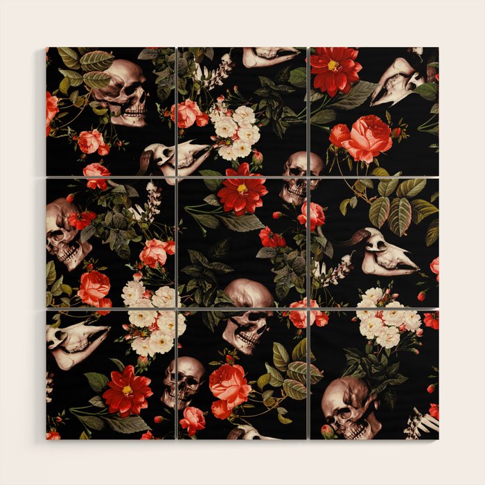 Floral and Skull Dark Pattern Wood Wall Art Gallery Image 1