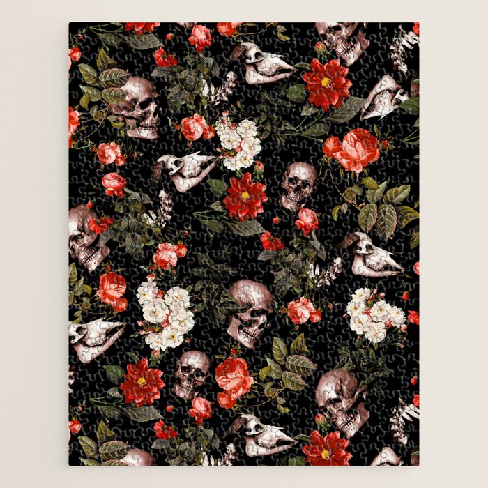Floral and Skull Dark Pattern Jigsaw Puzzle Gallery Image 1