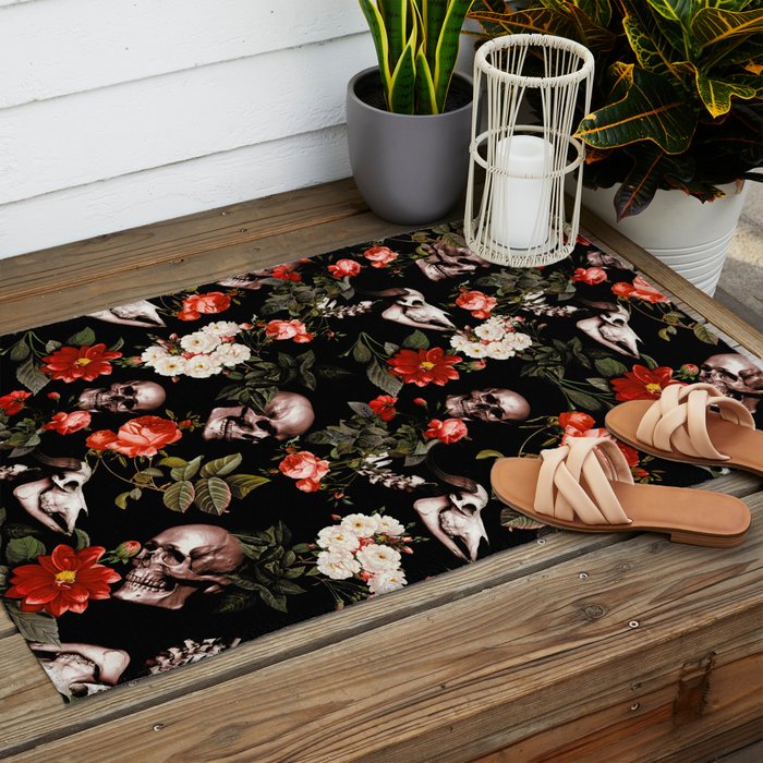 Floral and Skull Dark Pattern Outdoor Rug Gallery Image 2