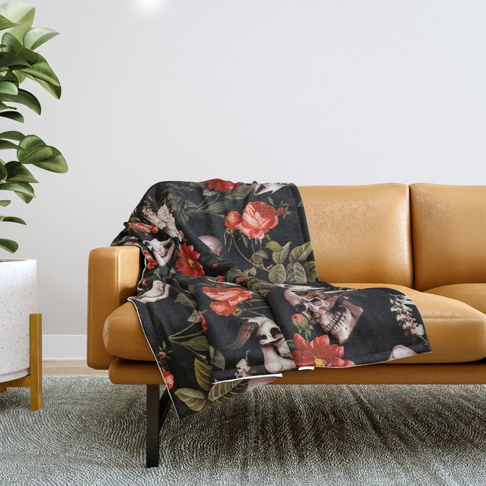 Floral and Skull Dark Pattern Throw Blanket Gallery Image 1