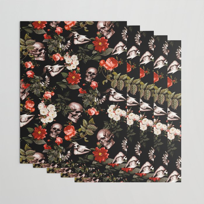Floral and Skull Dark Pattern Wrapping Paper Gallery Image 3