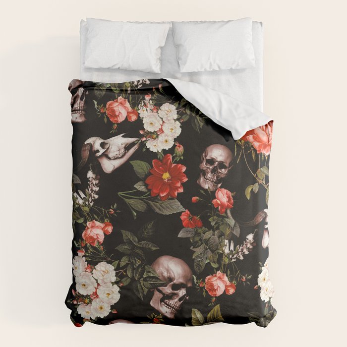 Floral and Skull Dark Pattern Duvet Cover Gallery Image 1