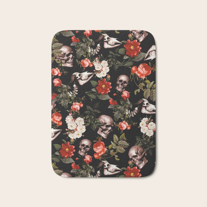 Floral and Skull Dark Pattern Bath Mat Gallery Image 1
