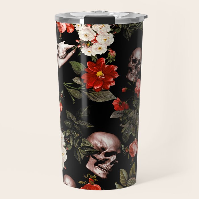 Floral and Skull Dark Pattern Travel Mug Gallery Image 1