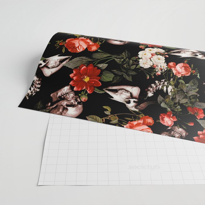 Floral and Skull Dark Pattern Wrapping Paper Gallery Image 2