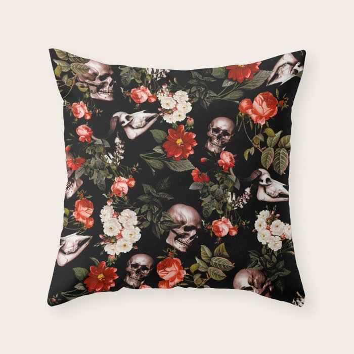Floral and Skull Dark Pattern Throw Pillow Gallery Image 1