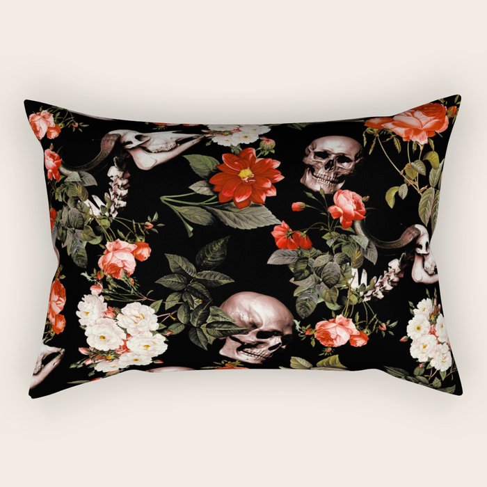 Floral and Skull Dark Pattern Rectangular Pillow Gallery Image 1