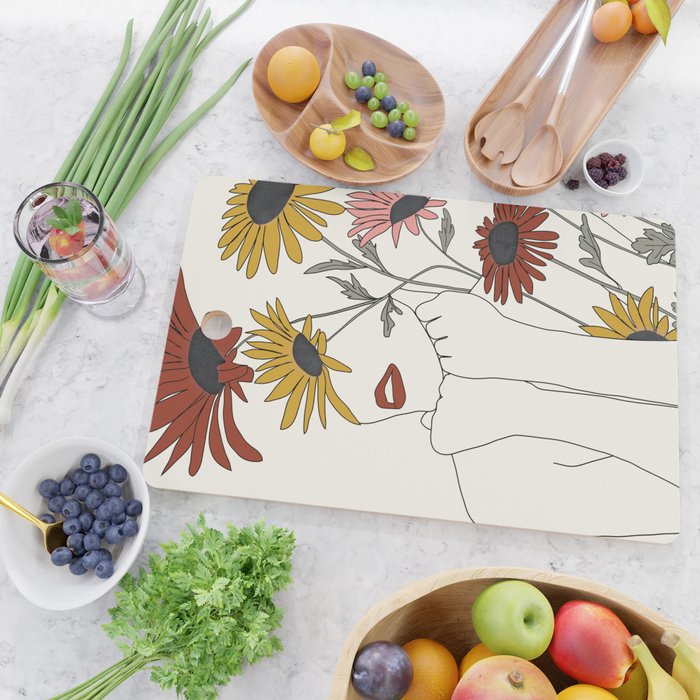 Colorful Thoughts Minimal Line Girl with Sunflowers Cutting Board Gallery Image 2