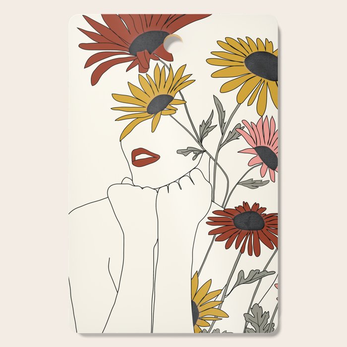 Colorful Thoughts Minimal Line Girl with Sunflowers Cutting Board Gallery Image 1