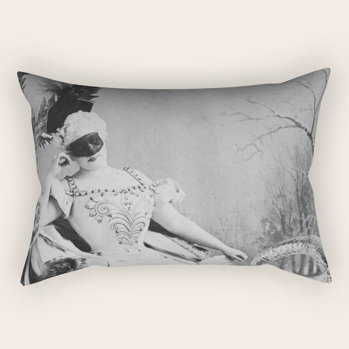 Eyes wide open, Lillian Russell, 1895 seated masquerade ball portrait black and white photograph Rectangular Pillow Gallery Image 2