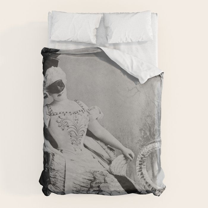 Eyes wide open, Lillian Russell, 1895 seated masquerade ball portrait black and white photograph Duvet Cover Gallery Image 1