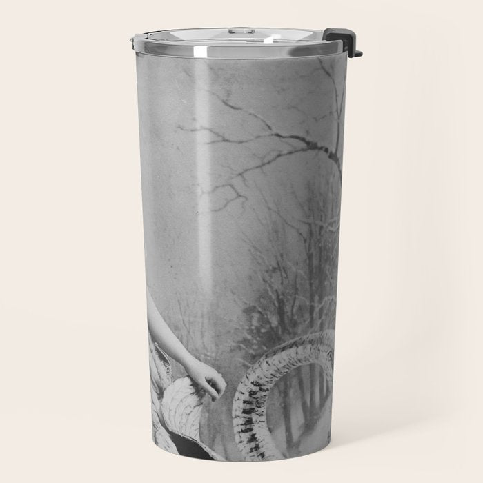 Eyes wide open, Lillian Russell, 1895 seated masquerade ball portrait black and white photograph Travel Mug Gallery Image 2