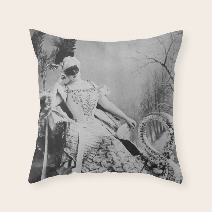 Eyes wide open, Lillian Russell, 1895 seated masquerade ball portrait black and white photograph Throw Pillow Gallery Image 6
