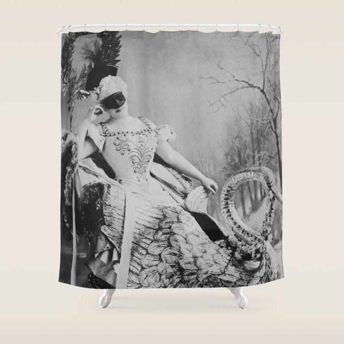 Eyes wide open, Lillian Russell, 1895 seated masquerade ball portrait black and white photograph Shower Curtain Gallery Image 1
