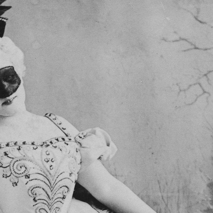 Eyes wide open, Lillian Russell, 1895 seated masquerade ball portrait black and white photograph Coffee Mug Gallery Image 2