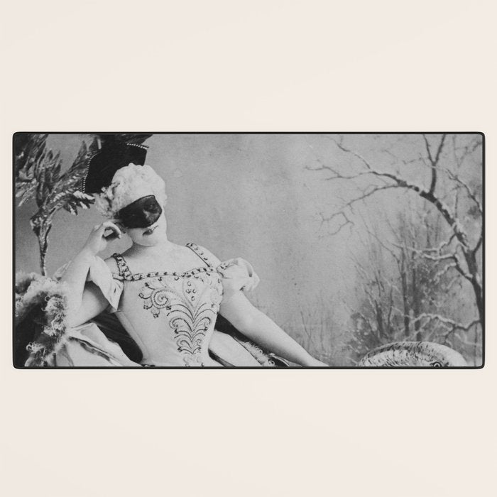 Eyes wide open, Lillian Russell, 1895 seated masquerade ball portrait black and white photograph Desk Mat Gallery Image 3
