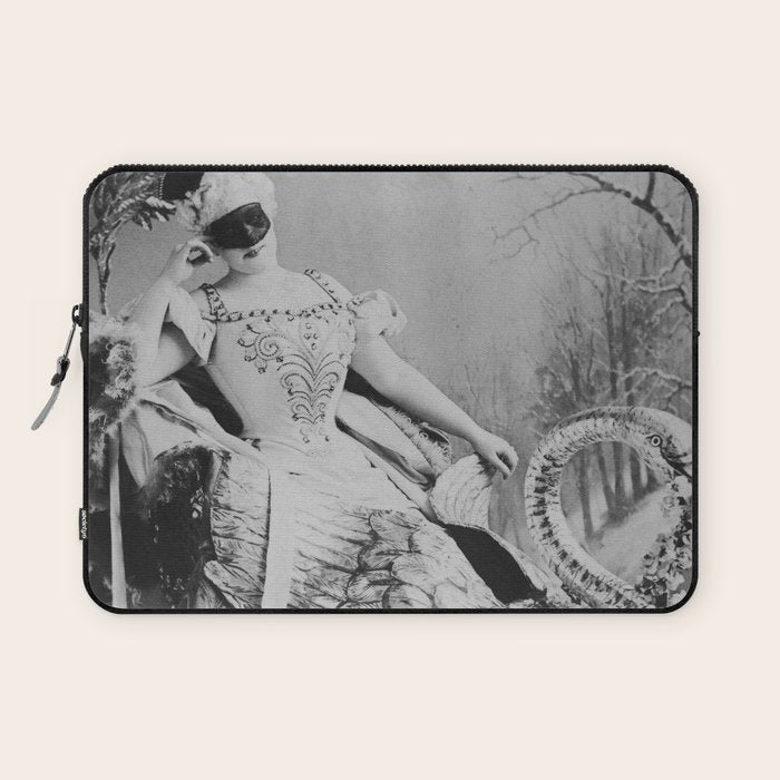 Eyes wide open, Lillian Russell, 1895 seated masquerade ball portrait black and white photograph Laptop Sleeve Gallery Image 1