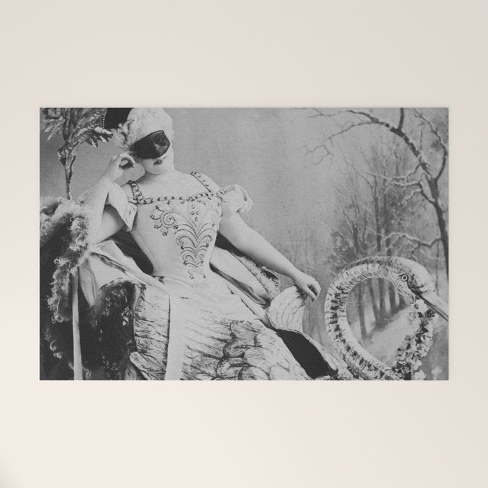 Eyes wide open, Lillian Russell, 1895 seated masquerade ball portrait black and white photograph Welcome Mat Gallery Image 1