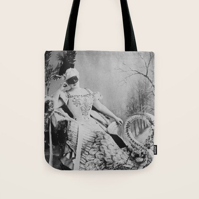 Eyes wide open, Lillian Russell, 1895 seated masquerade ball portrait black and white photograph Tote Bag Gallery Image 1