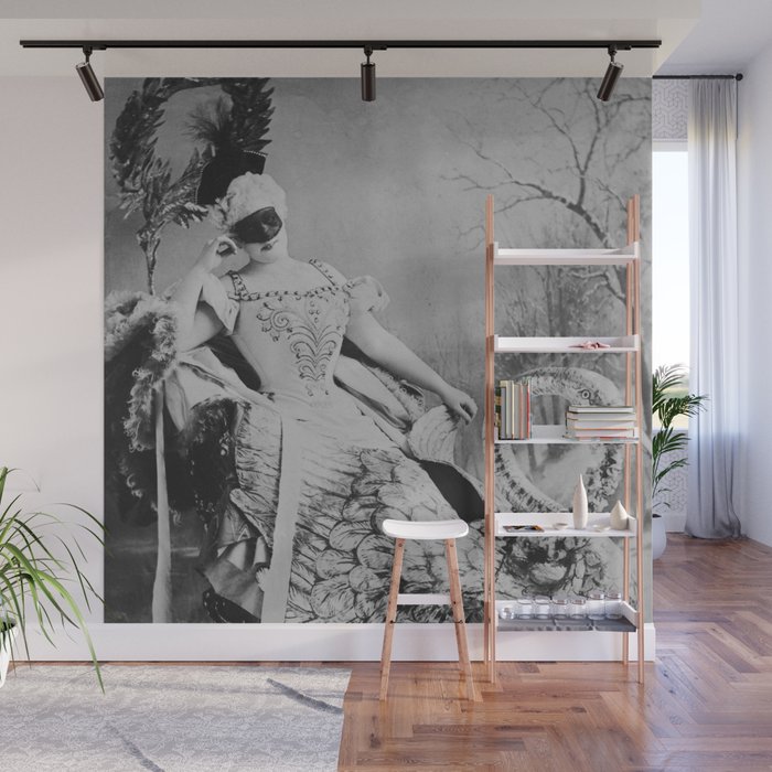 Eyes wide open, Lillian Russell, 1895 seated masquerade ball portrait black and white photograph Wall Mural Gallery Image 1