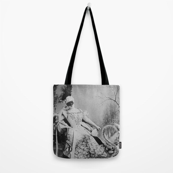 Eyes wide open, Lillian Russell, 1895 seated masquerade ball portrait black and white photograph Tote Bag Gallery Image 2
