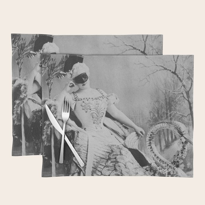 Eyes wide open, Lillian Russell, 1895 seated masquerade ball portrait black and white photograph Placemat Gallery Image 1