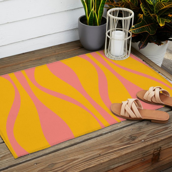 Mid Century Modern Abstract Lounge Pattern in Yellow Orange and Pink Coral Outdoor Rug Gallery Image 2