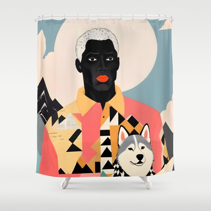 Winter Companion, Dog Pet Black Man Collage, Frosty Snow Mountain Travel Adventure, Eclectic Texture Concept Contemporary Modern Graphic Design Shower Curtain Gallery Image 1