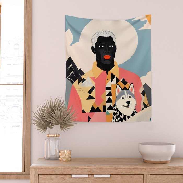 Winter Companion, Dog Pet Black Man Collage, Frosty Snow Mountain Travel Adventure, Eclectic Texture Concept Contemporary Modern Graphic Design Wall Tapestry Gallery Image 2