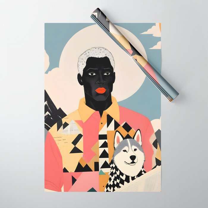 Winter Companion, Dog Pet Black Man Collage, Frosty Snow Mountain Travel Adventure, Eclectic Texture Concept Contemporary Modern Graphic Design Wrapping Paper Gallery Image 1