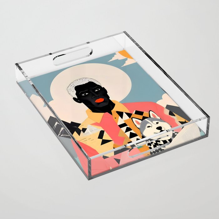 Winter Companion, Dog Pet Black Man Collage, Frosty Snow Mountain Travel Adventure, Eclectic Texture Concept Contemporary Modern Graphic Design Acrylic Tray Gallery Image 1