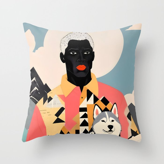Winter Companion, Dog Pet Black Man Collage, Frosty Snow Mountain Travel Adventure, Eclectic Texture Concept Contemporary Modern Graphic Design Throw Pillow Gallery Image 1
