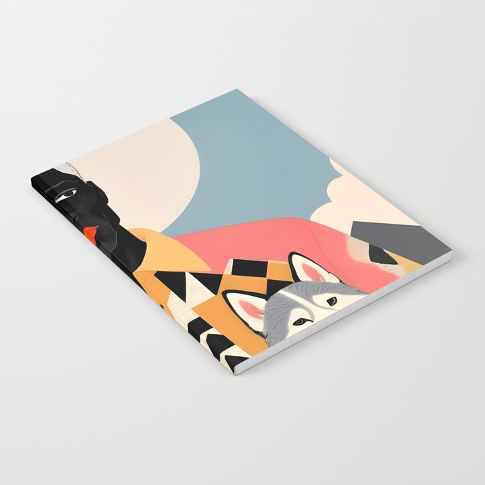 Winter Companion, Dog Pet Black Man Collage, Frosty Snow Mountain Travel Adventure, Eclectic Texture Concept Contemporary Modern Graphic Design Notebook Gallery Image 1