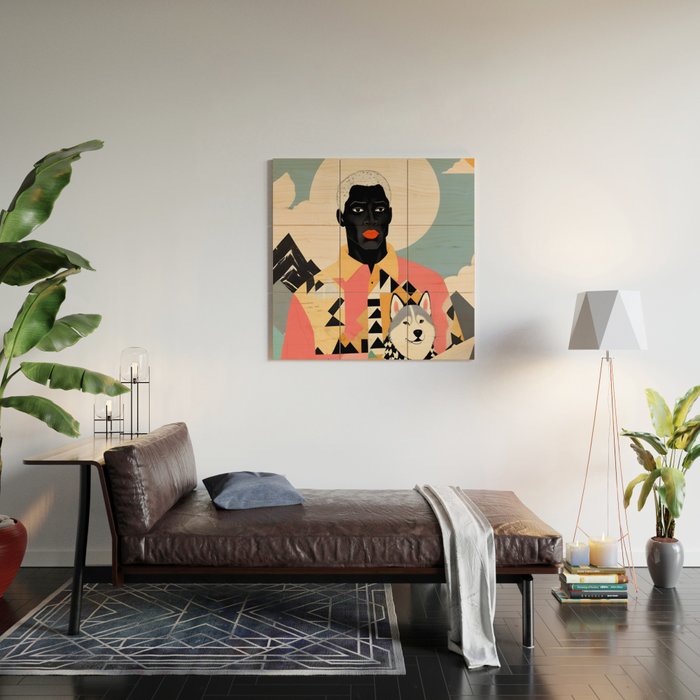 Winter Companion, Dog Pet Black Man Collage, Frosty Snow Mountain Travel Adventure, Eclectic Texture Concept Contemporary Modern Graphic Design Wood Wall Art Gallery Image 2
