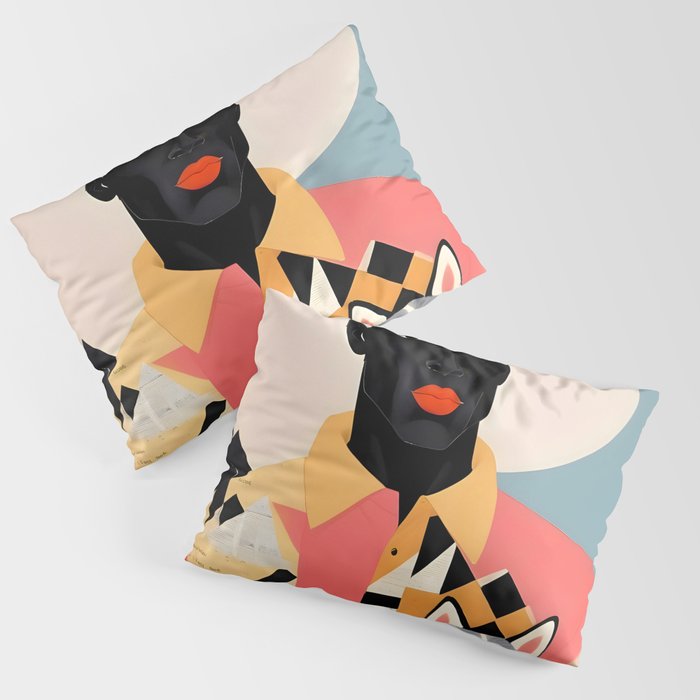 Winter Companion, Dog Pet Black Man Collage, Frosty Snow Mountain Travel Adventure, Eclectic Texture Concept Contemporary Modern Graphic Design Pillow Sham Gallery Image 1