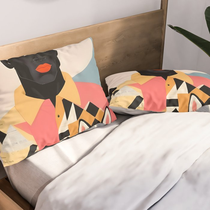 Winter Companion, Dog Pet Black Man Collage, Frosty Snow Mountain Travel Adventure, Eclectic Texture Concept Contemporary Modern Graphic Design Pillow Sham Gallery Image 2