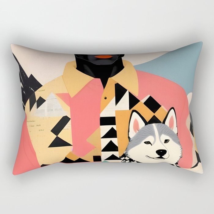 Winter Companion, Dog Pet Black Man Collage, Frosty Snow Mountain Travel Adventure, Eclectic Texture Concept Contemporary Modern Graphic Design Rectangular Pillow Gallery Image 2